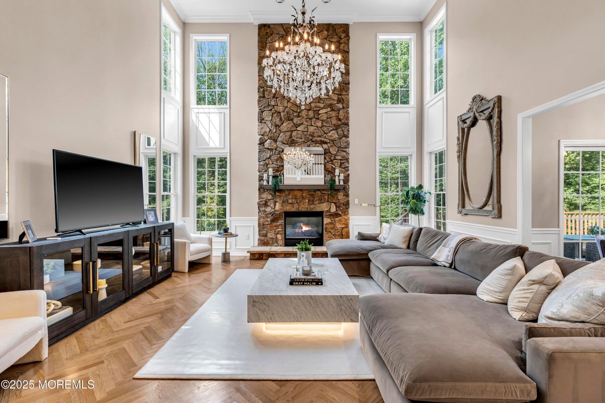 Chandelier, Fireplace, Interior, Living room, Stone Walls, Wood Texture Flooring