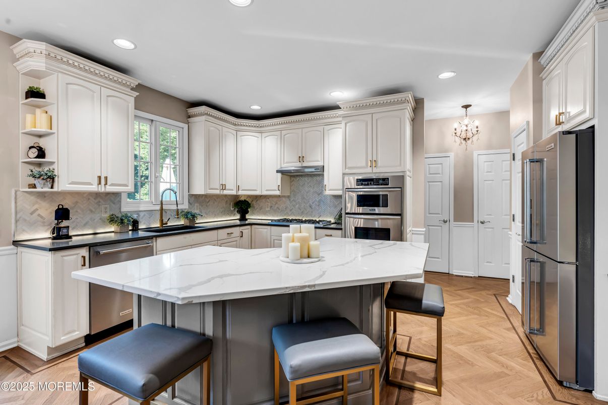 Chandelier, Interior, Kitchen, Recessed Lighting, Stainless Steel Appliances, Wood Texture Flooring