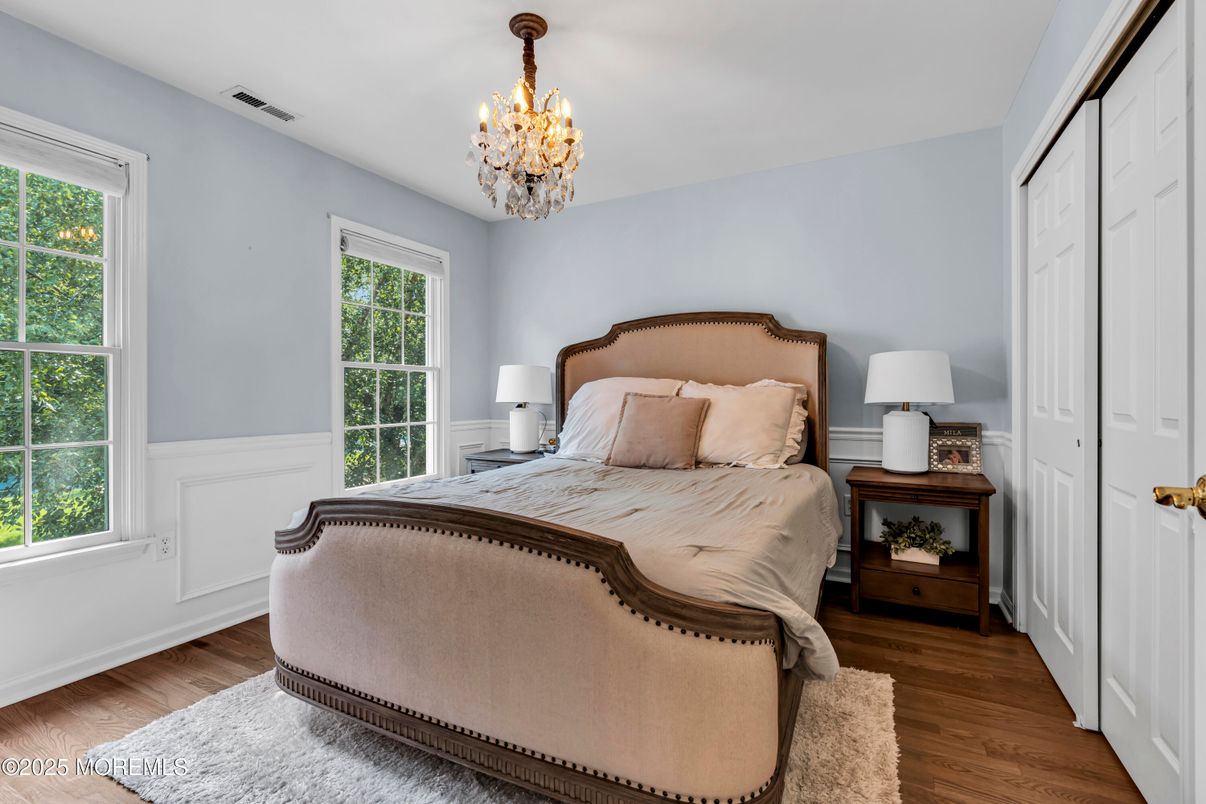 Bedroom, Chandelier, Interior, Wood Texture Flooring