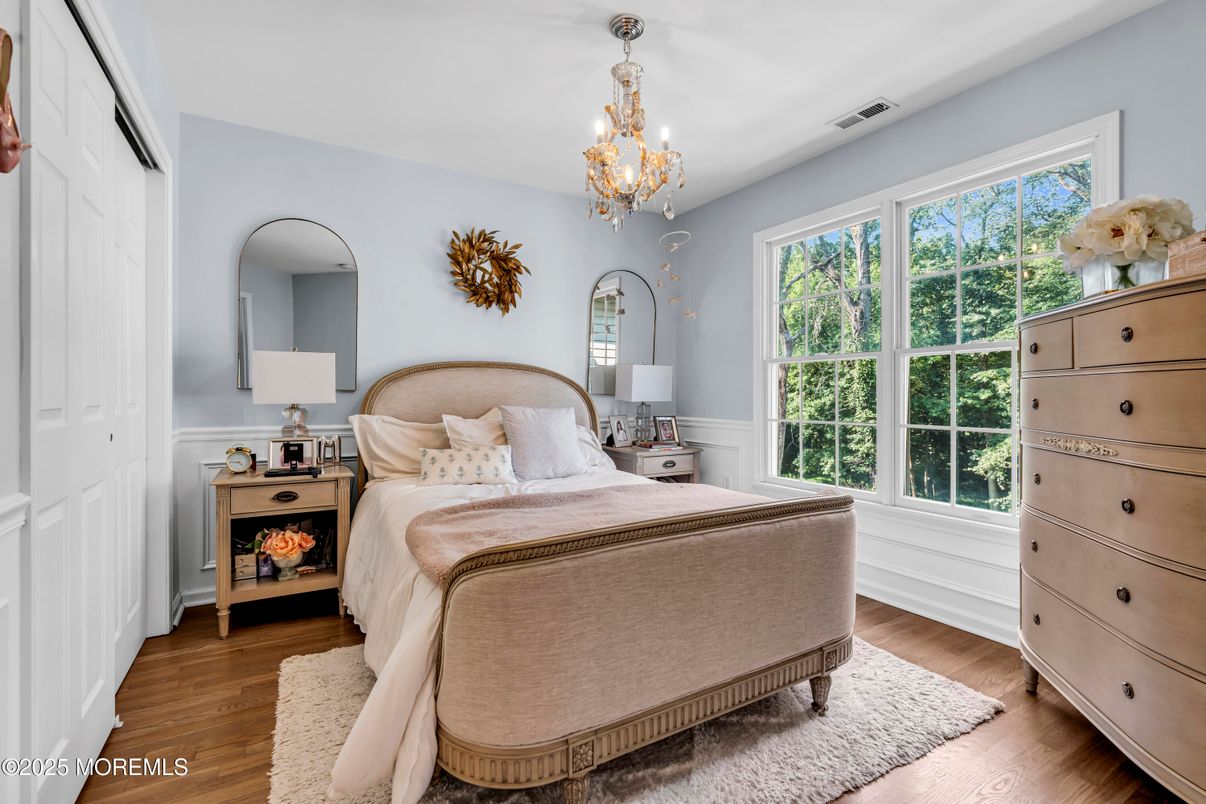 Bedroom, Chandelier, Interior, Wood Texture Flooring