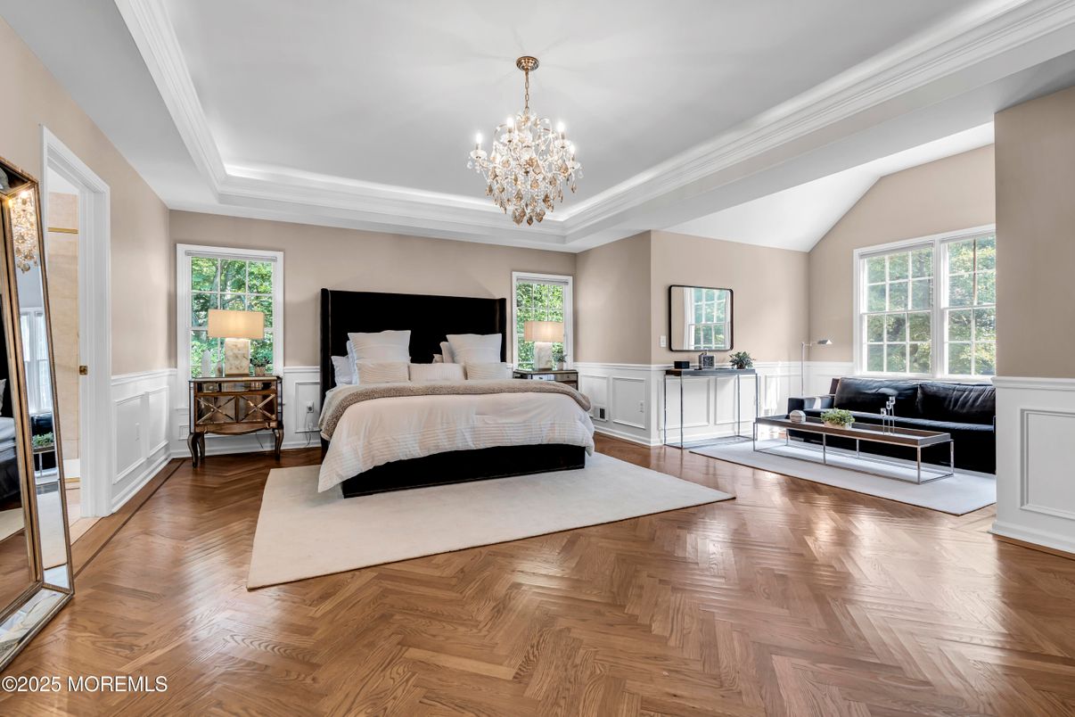 Bedroom, Chandelier, Interior, Wood Texture Flooring