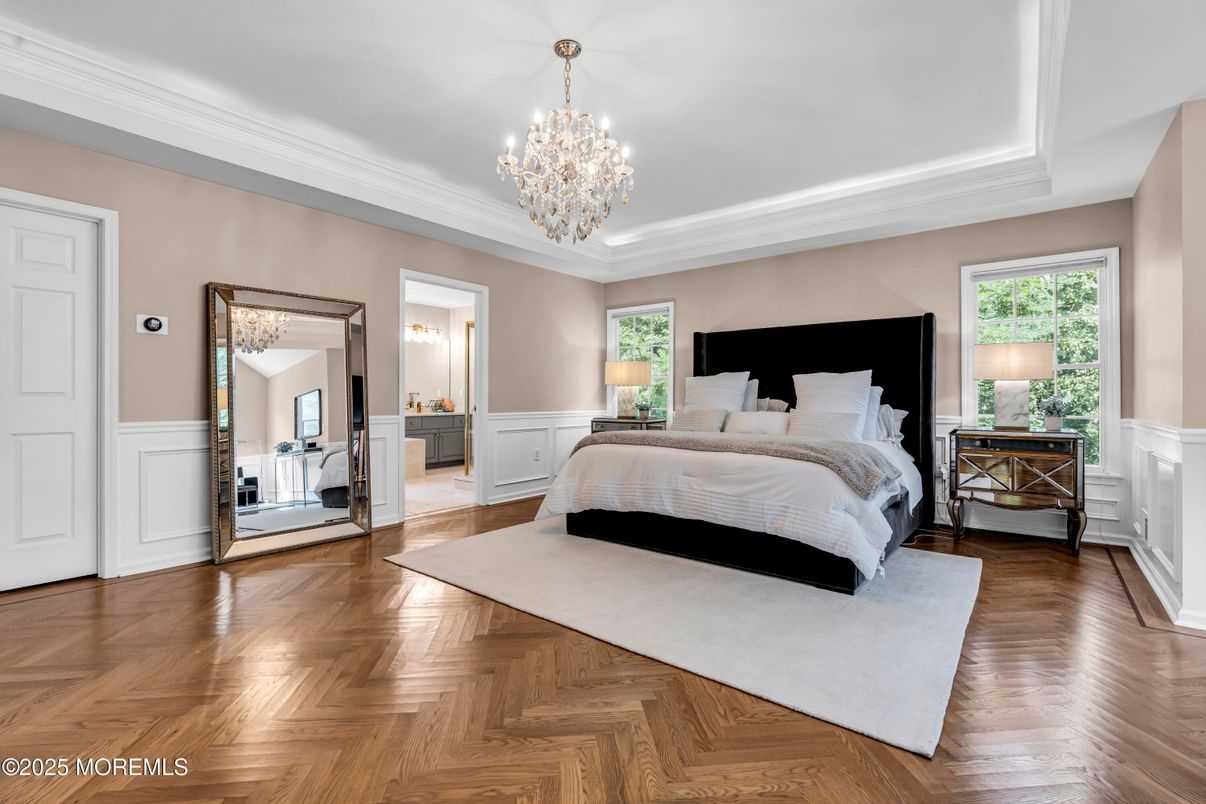 Bedroom, Chandelier, Interior, Wood Texture Flooring