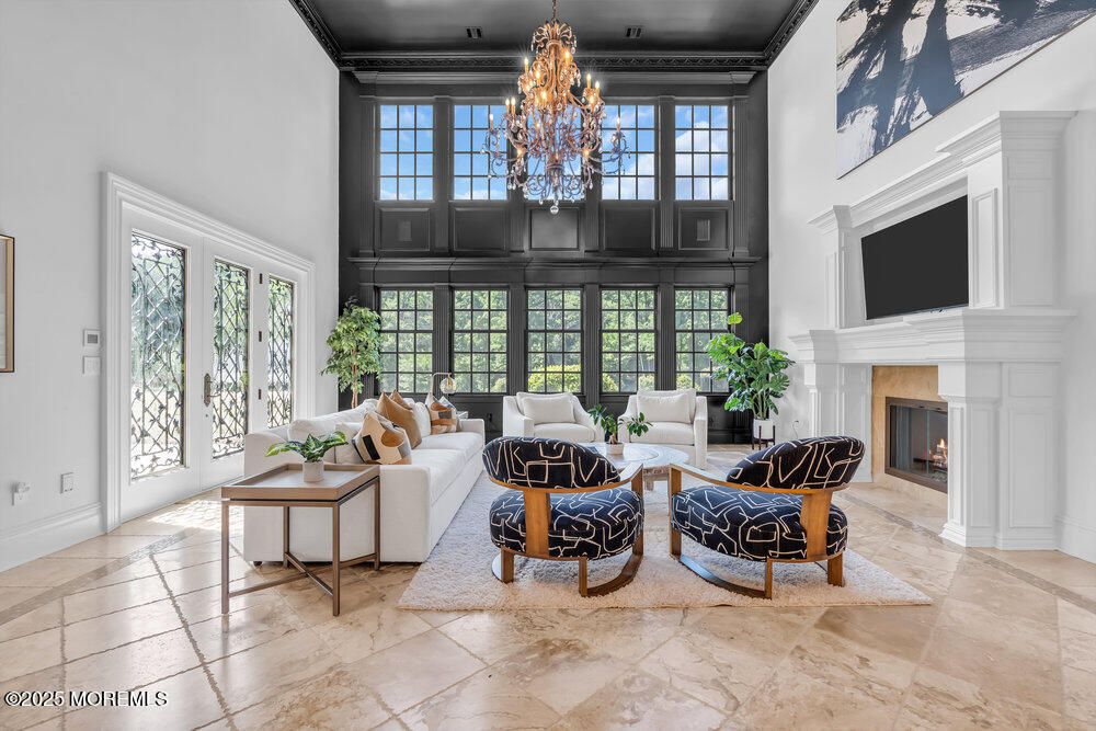 Chandelier, Fireplace, Interior, Living room