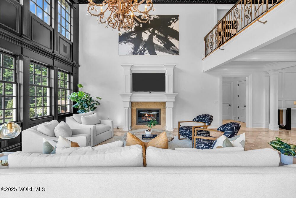 Chandelier, Fireplace, Interior, Living room