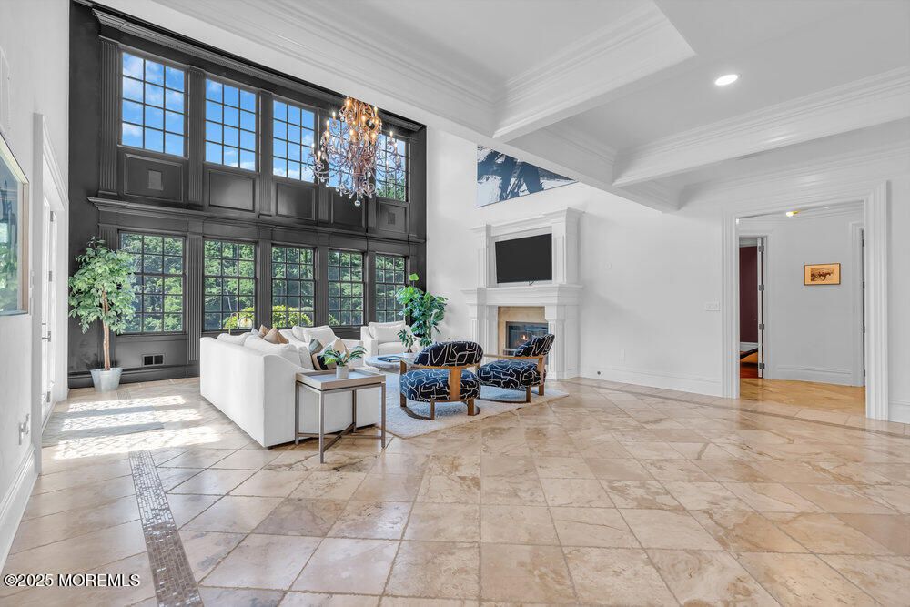 Chandelier, Fireplace, Interior, Living room, Recessed Lighting