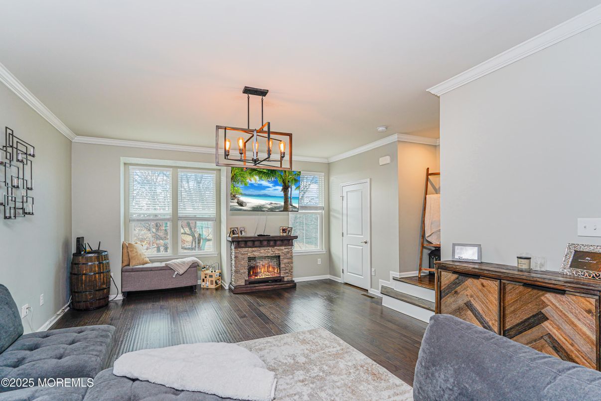 Fireplace, Interior, Pendant Lights, Wood Texture Flooring