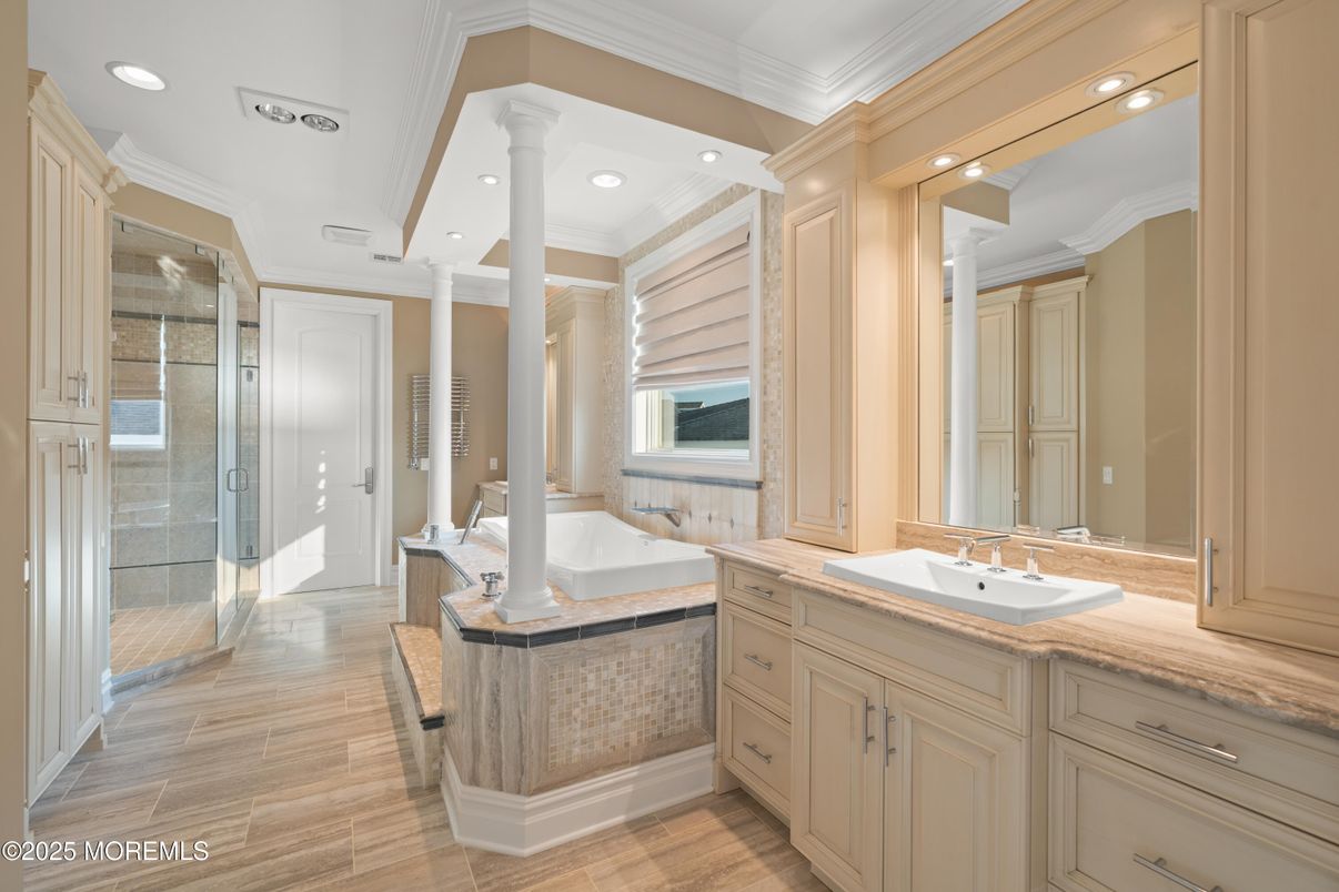 Bathroom, Glass Shower, Interior, Recessed Lighting, Wood Texture Flooring