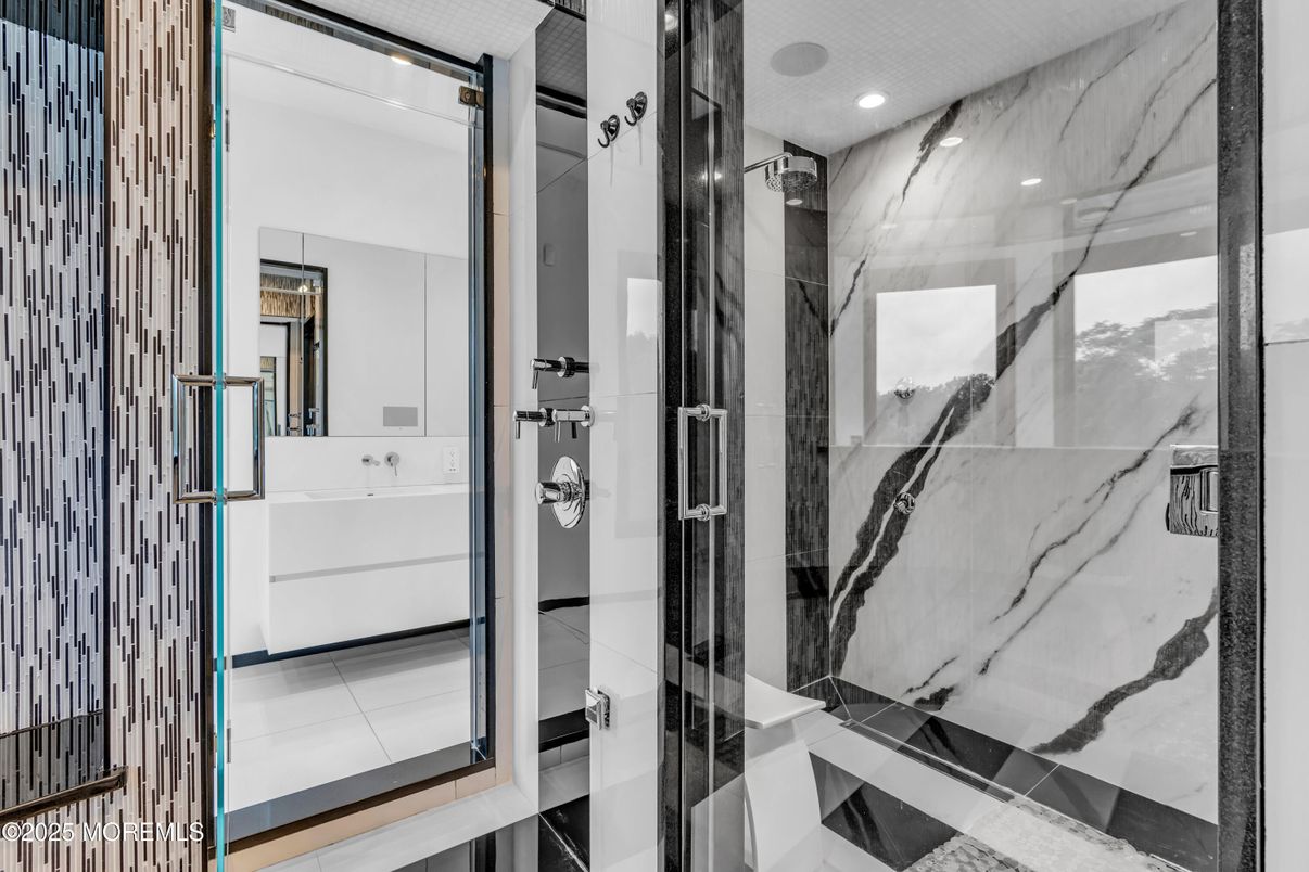 Bathroom, Glass Shower, Interior, Marble Walls, Recessed Lighting