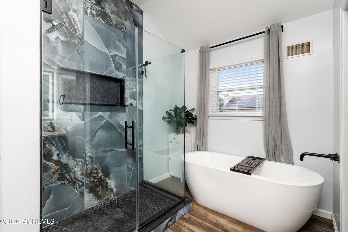 Bathroom, Free Standing Baths, Glass Shower, Interior, Wood Texture Flooring