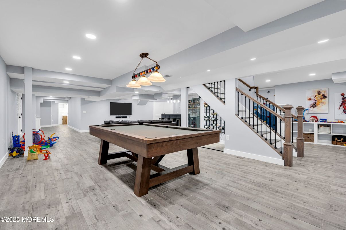 Billiard Table, Game Room, Interior, Pendant Lights, Recessed Lighting, Wood Texture Flooring