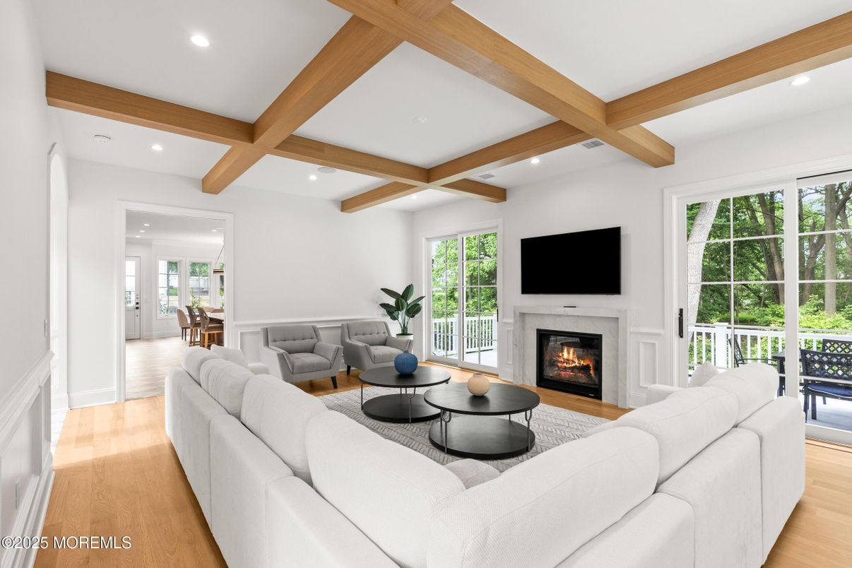 Fireplace, Interior, Living room, Recessed Lighting, Wooden Beams, Wood Texture Flooring