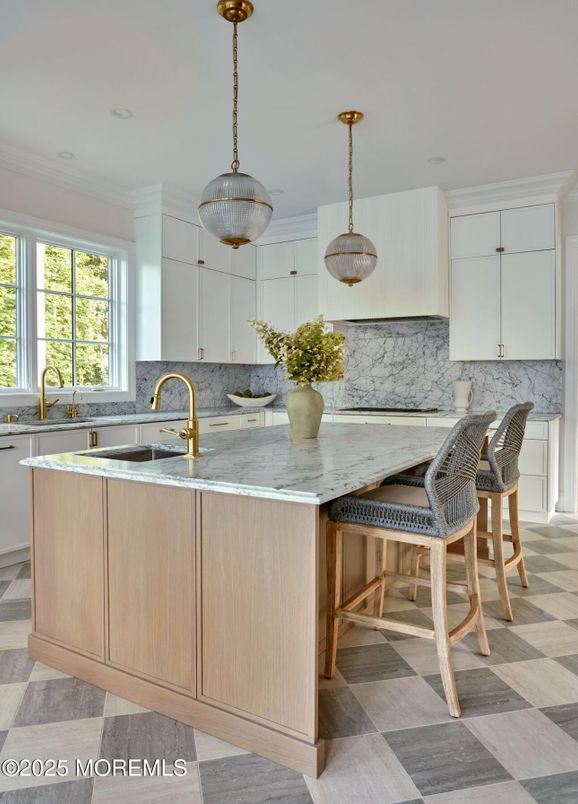 Interior, Kitchen, Marble Walls, Pendant Lights, Recessed Lighting
