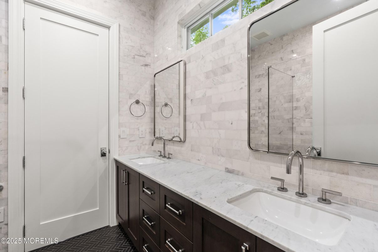 Bathroom, Dual Sink Vanities, Glass Shower, Interior, Marble Walls