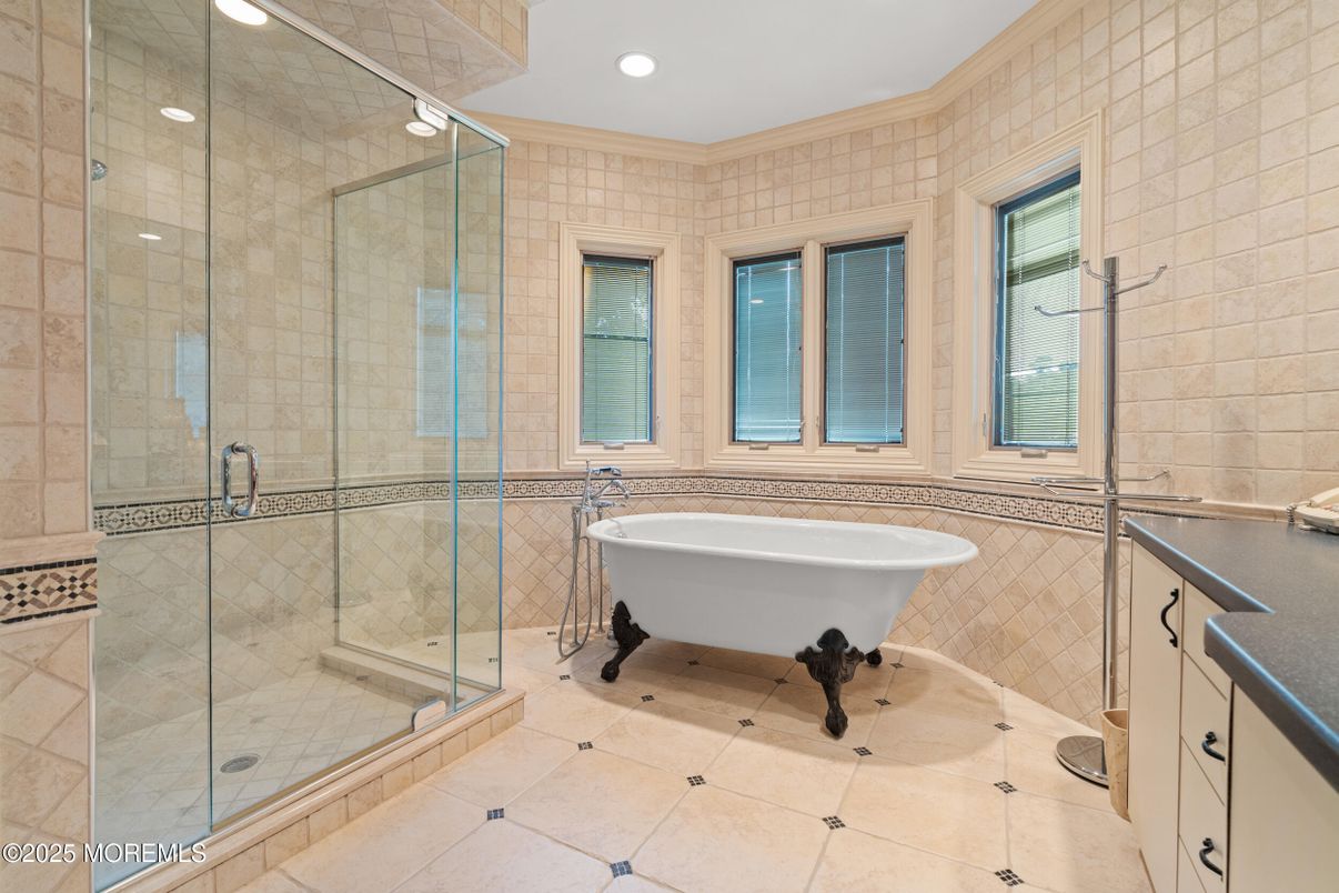 Bathroom, Free Standing Baths, Glass Shower, Interior, Recessed Lighting