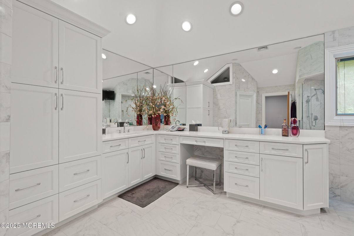 Bathroom, Dual Sink Vanities, Interior, Marble, Marble Walls, Recessed Lighting