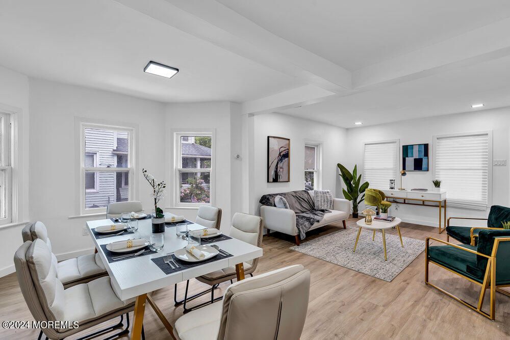 Dining room, Interior, Living room, Recessed Lighting, Wood Texture Flooring