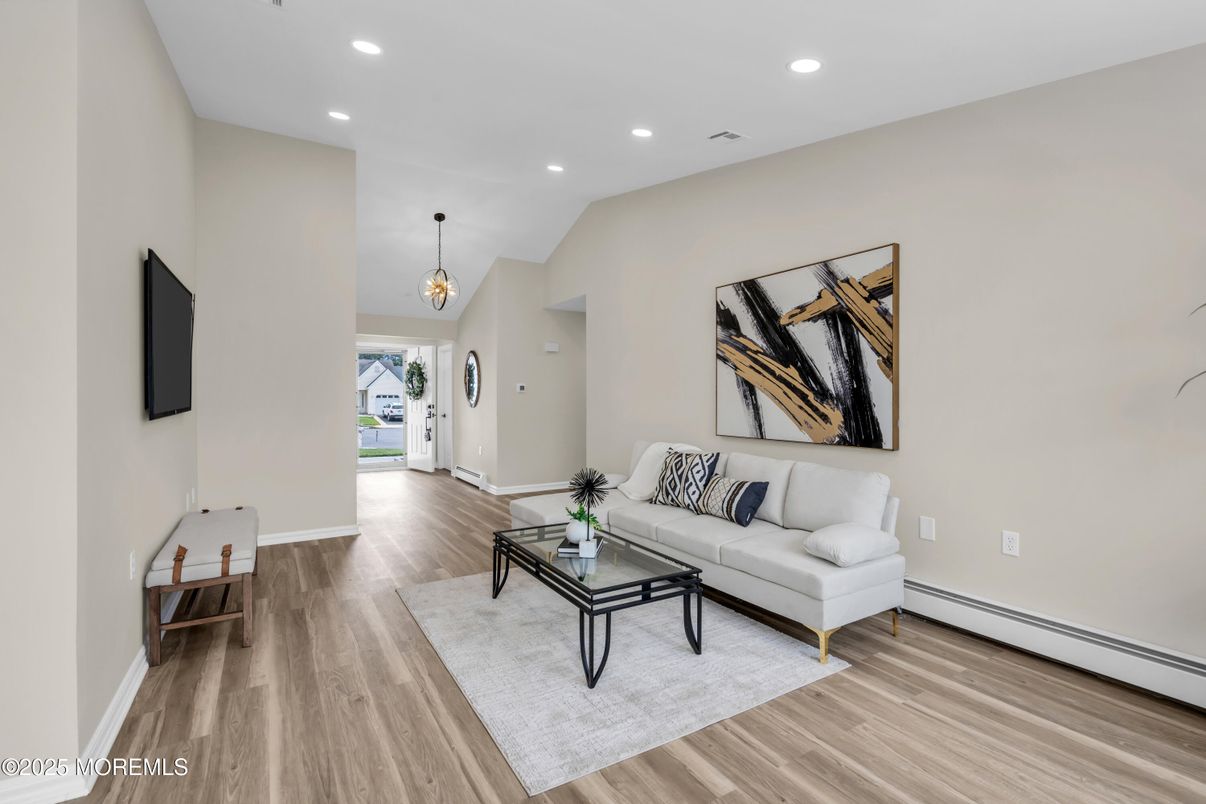 Interior, Living room, Pendant Lights, Recessed Lighting, Wood Texture Flooring