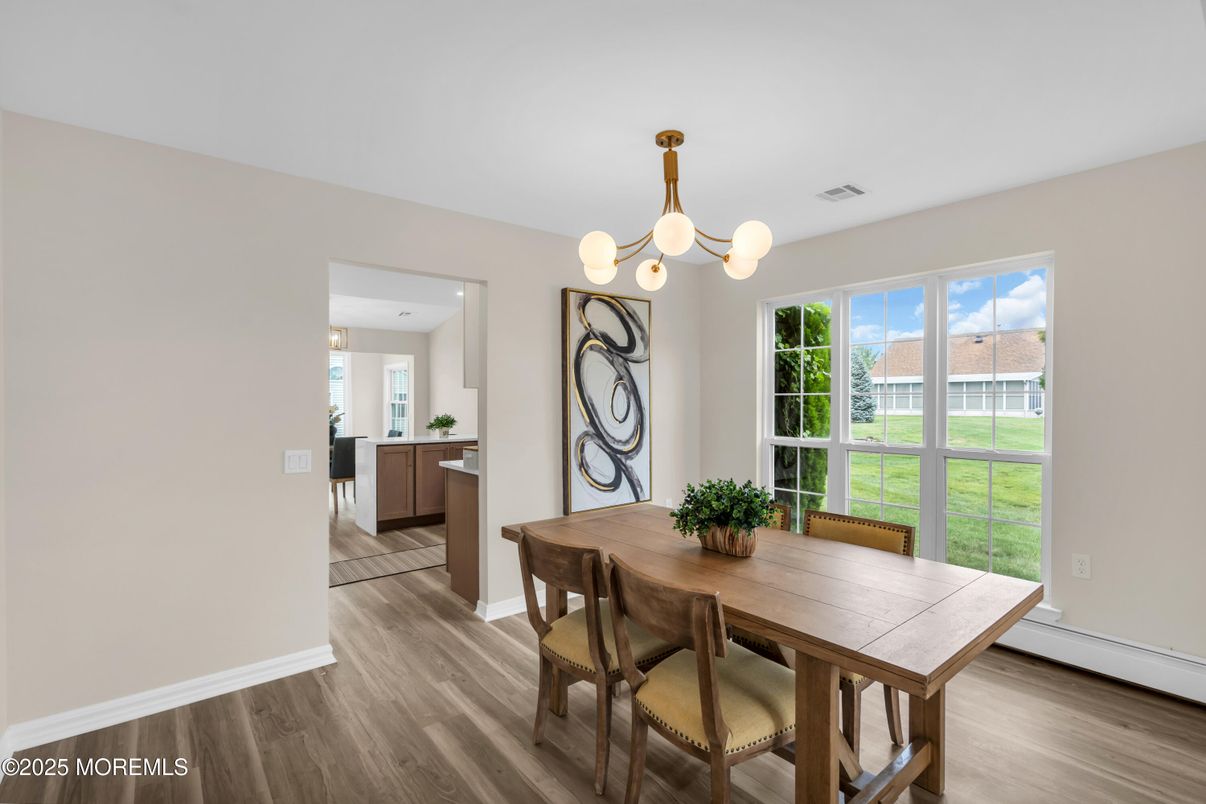 Chandelier, Dining room, Interior, Pendant Lights, Wood Texture Flooring