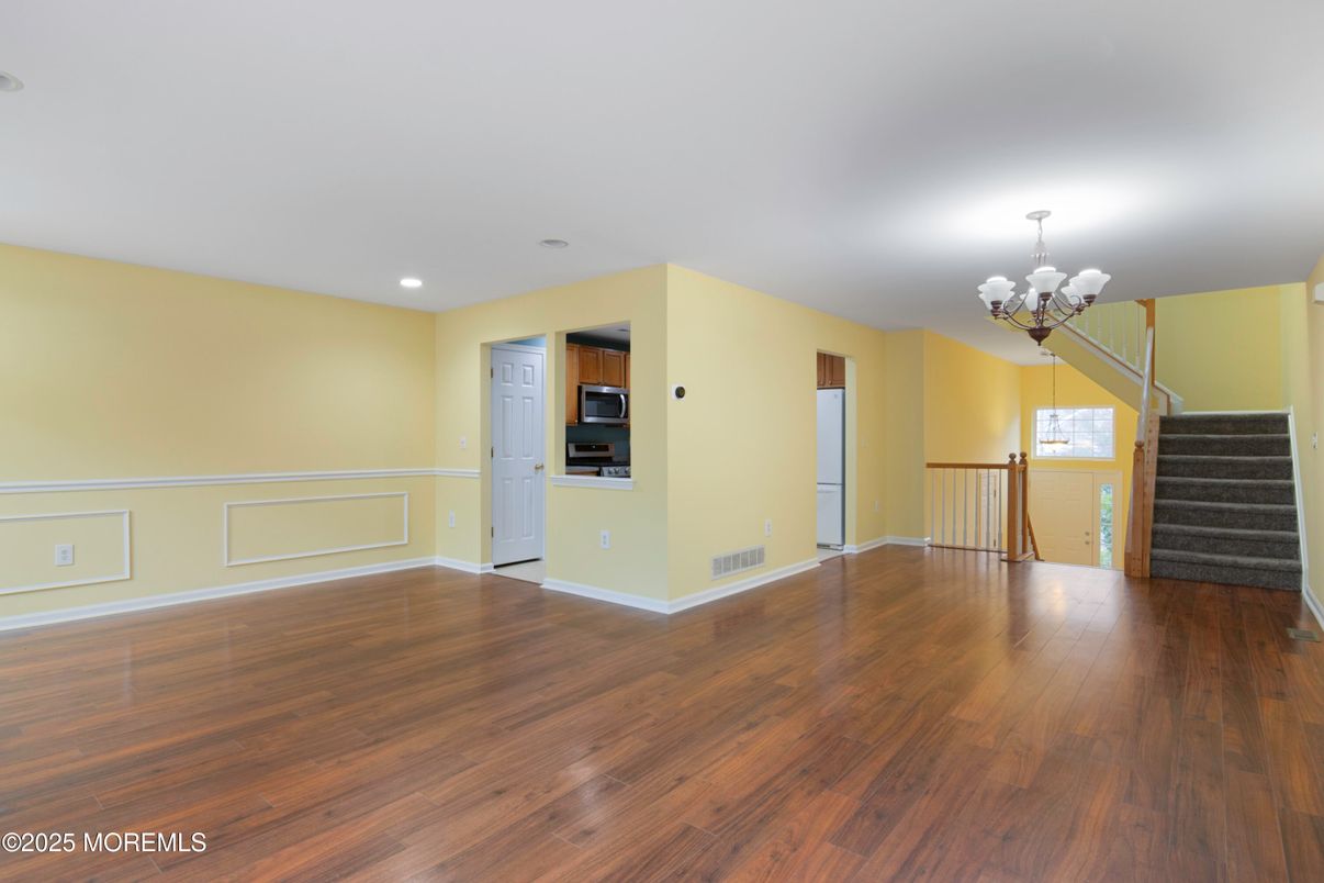Chandelier, Empty room, Interior, Recessed Lighting, Wood Texture Flooring