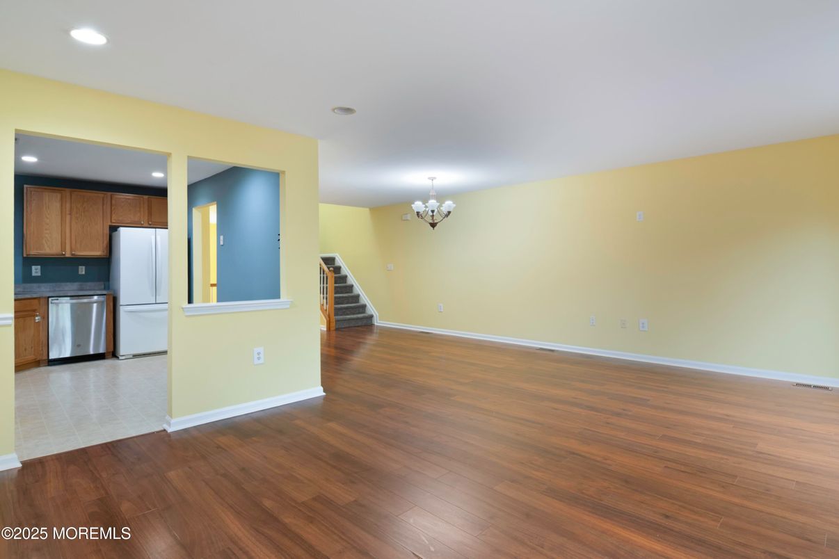 Chandelier, Empty room, Interior, Kitchen, Recessed Lighting, Wood Texture Flooring