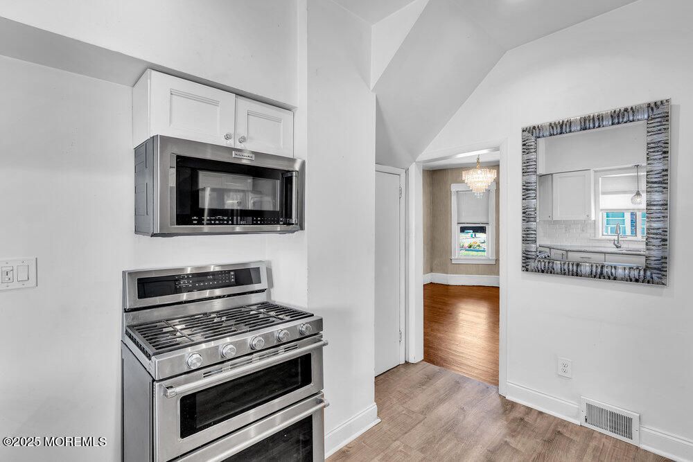 Chandelier, Interior, Kitchen, Stainless Steel Appliances, Wood Texture Flooring