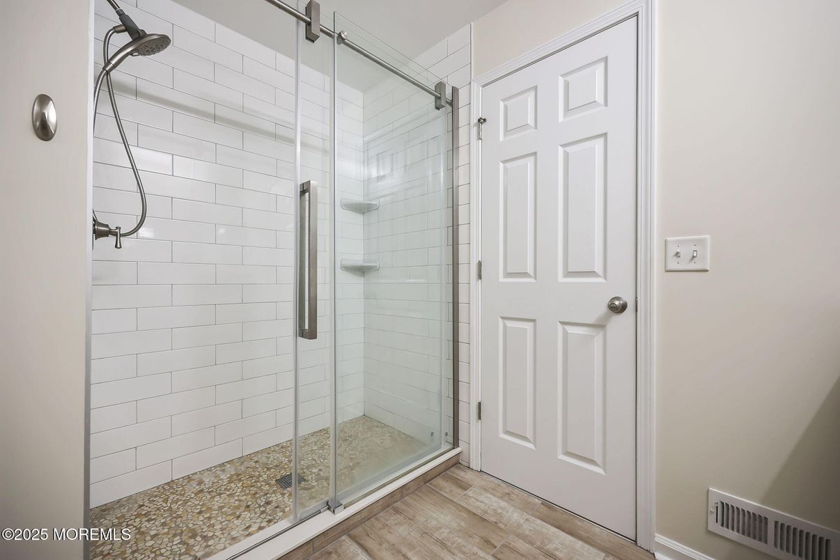 Bathroom, Glass Shower, Interior, Wood Texture Flooring