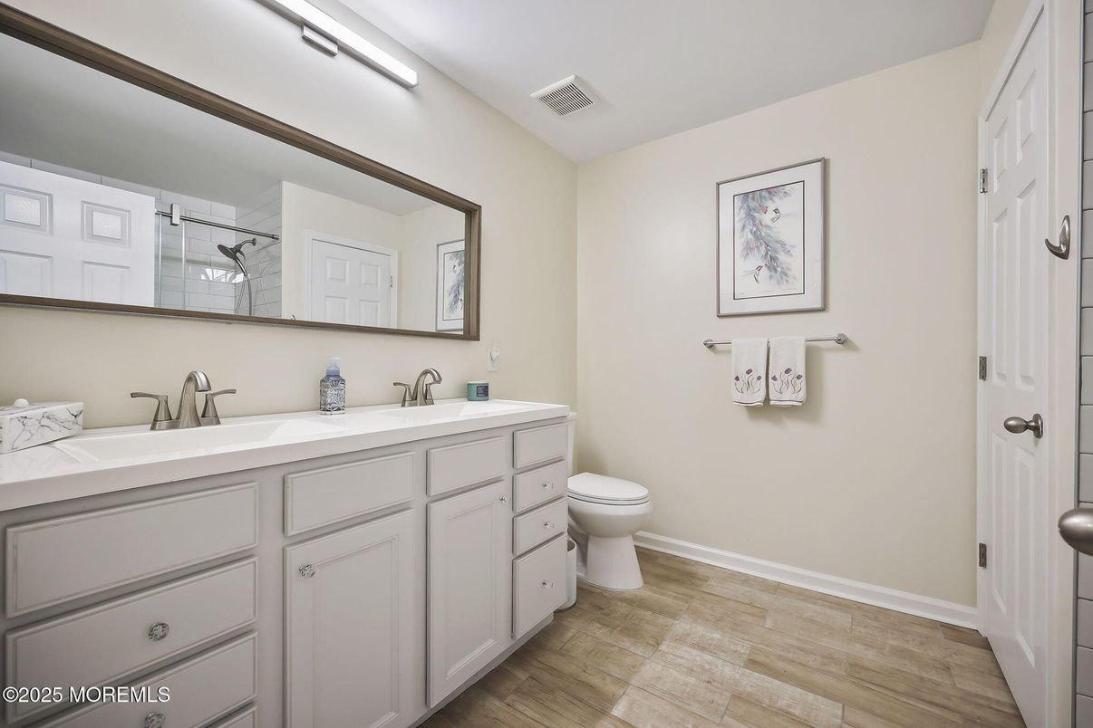 Bathroom, Dual Sink Vanities, Interior, Wood Texture Flooring
