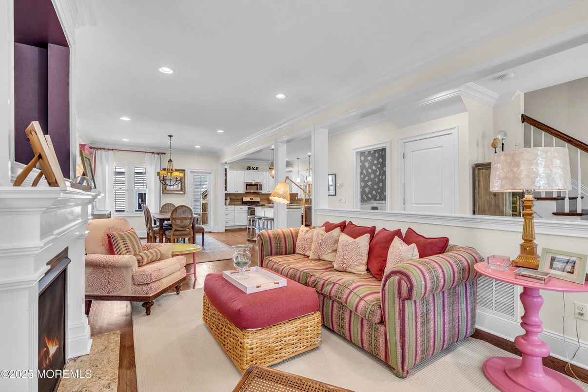 Chandelier, Dining room, Fireplace, Interior, Living room, Pendant Lights, Recessed Lighting