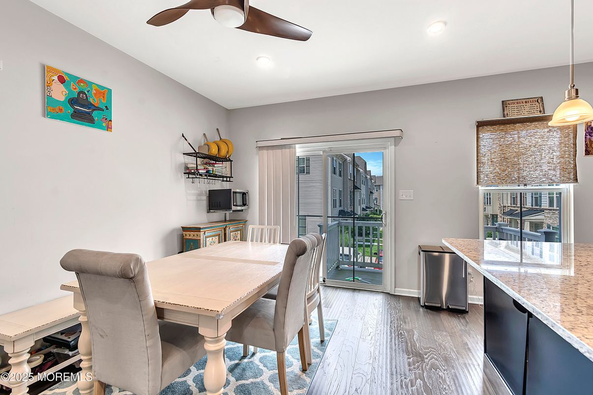 Dining room, Interior, Pendant Lights, Recessed Lighting, Wood Texture Flooring