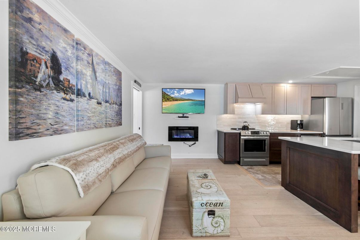 Interior, Kitchen, Living room, Recessed Lighting, Stainless Steel Appliances, Wood Texture Flooring