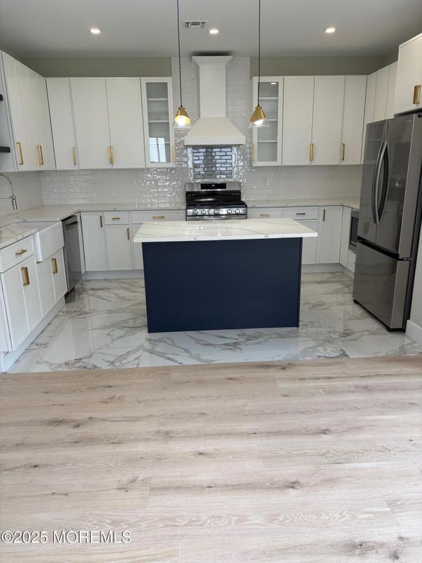 Interior, Kitchen, Marble, Pendant Lights, Recessed Lighting, Stainless Steel Appliances
