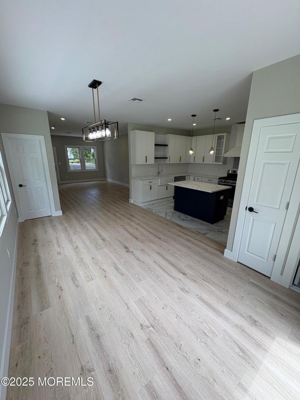 Empty room, Interior, Kitchen, Pendant Lights, Recessed Lighting, Wood Texture Flooring