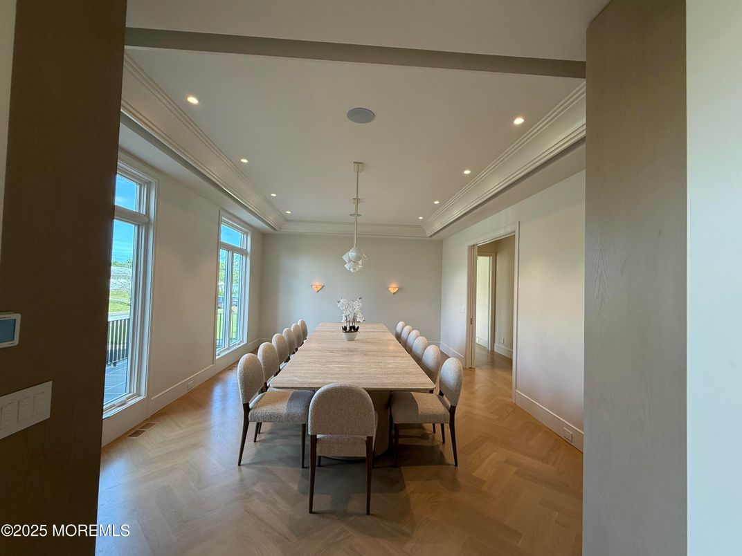 Dining room, Interior, Pendant Lights, Recessed Lighting, Wood Texture Flooring