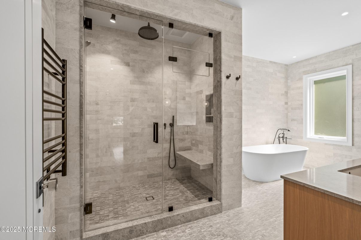 Bathroom, Free Standing Baths, Glass Shower, Interior, Recessed Lighting
