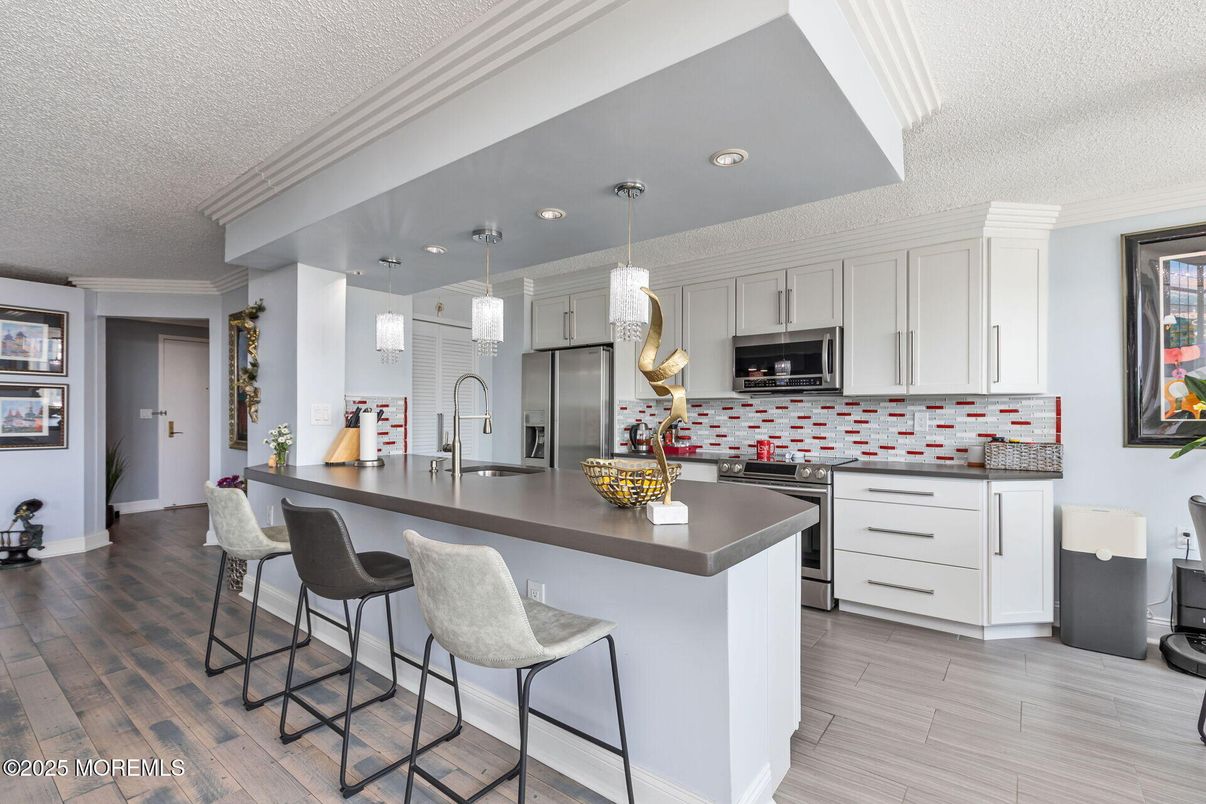 Interior, Kitchen, Pendant Lights, Recessed Lighting, Stainless Steel Appliances, Wood Texture Flooring