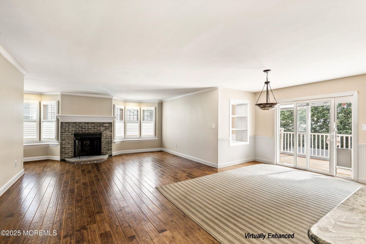 Empty room, Fireplace, Interior, Pendant Lights, Wood Texture Flooring