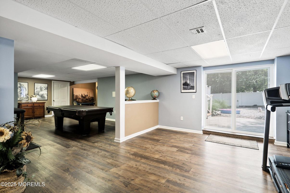 Billiard Table, Fitness Equipment, Game Room, Interior, Recessed Lighting, Wood Texture Flooring