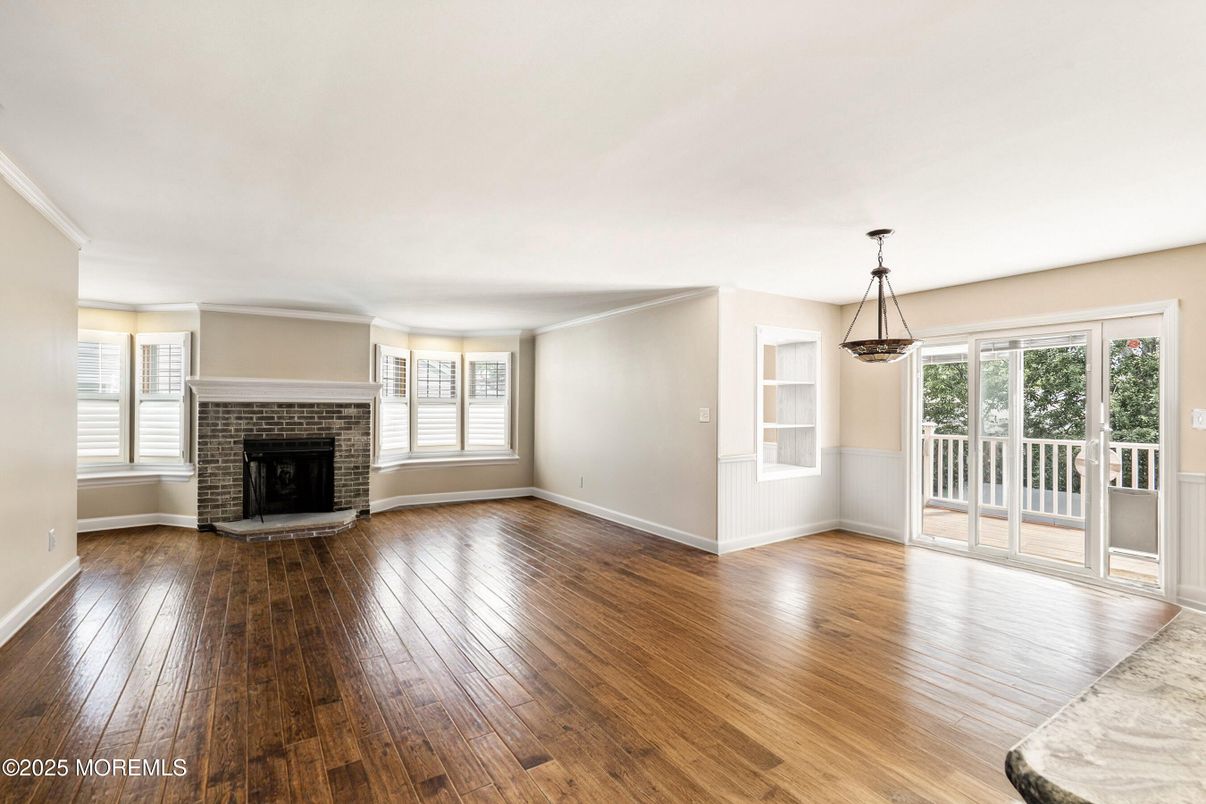 Empty room, Fireplace, Interior, Pendant Lights, Wood Texture Flooring