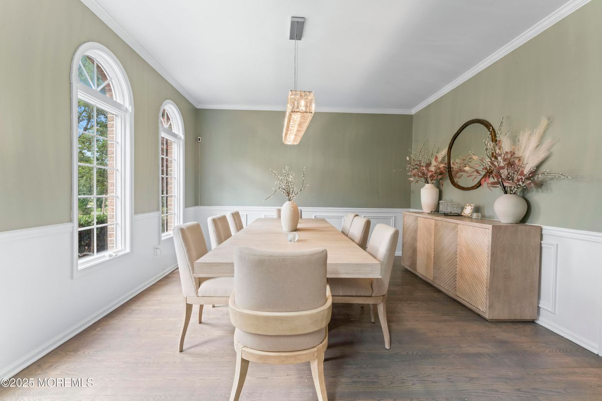 Dining room, Interior, Pendant Lights, Wood Texture Flooring