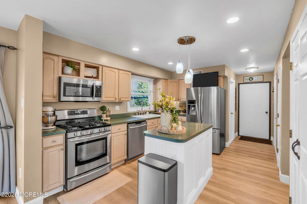 Interior, Kitchen, Pendant Lights, Recessed Lighting, Stainless Steel Appliances, Wood Texture Flooring