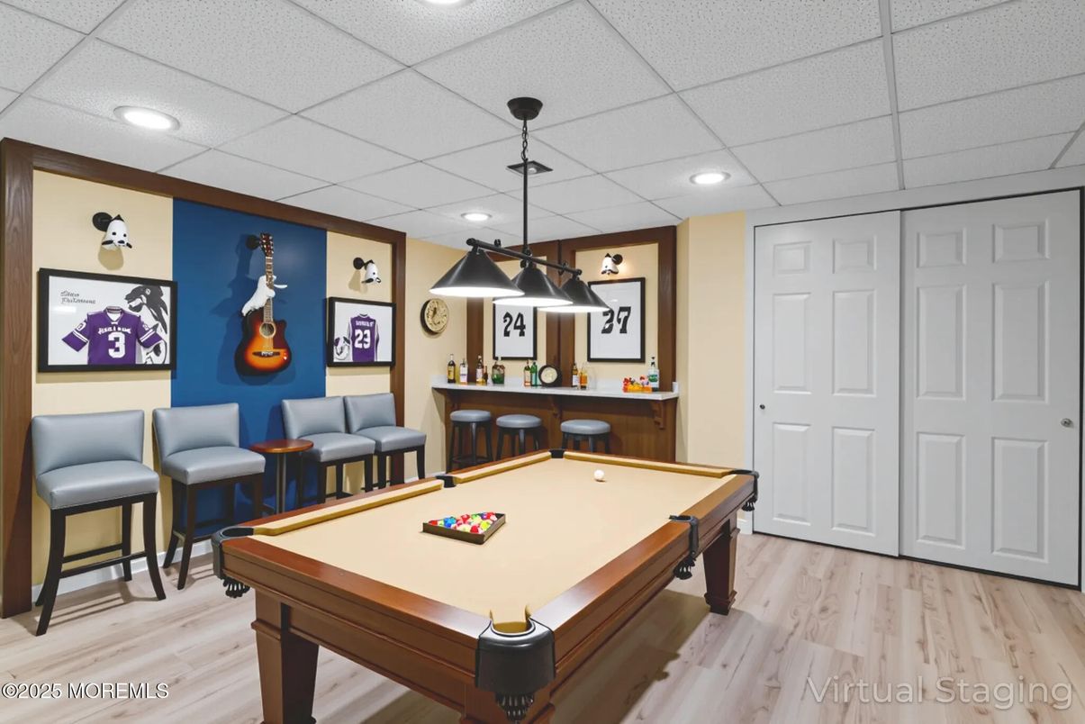 Billiard Table, Game Room, Interior, Pendant Lights, Recessed Lighting, Wood Texture Flooring