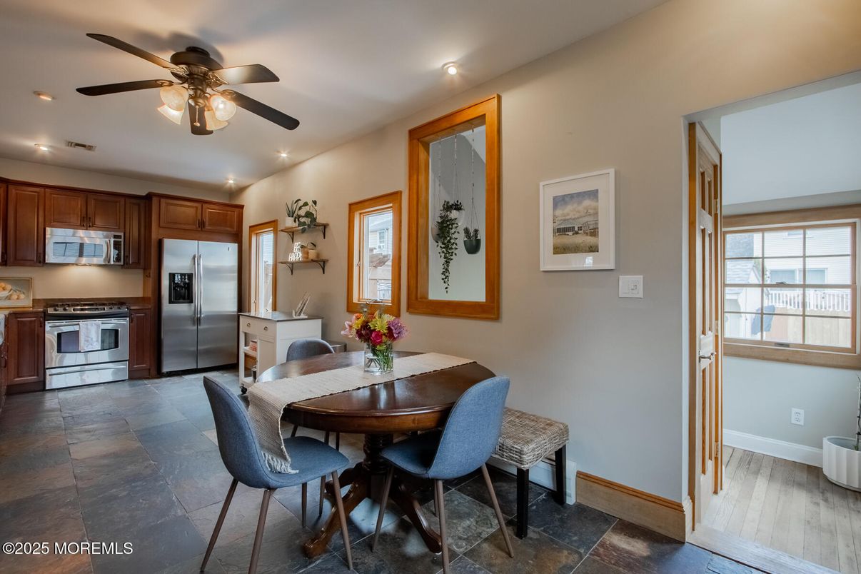 Dining room, Interior, Kitchen, Recessed Lighting, Stainless Steel Appliances, Wood Texture Flooring