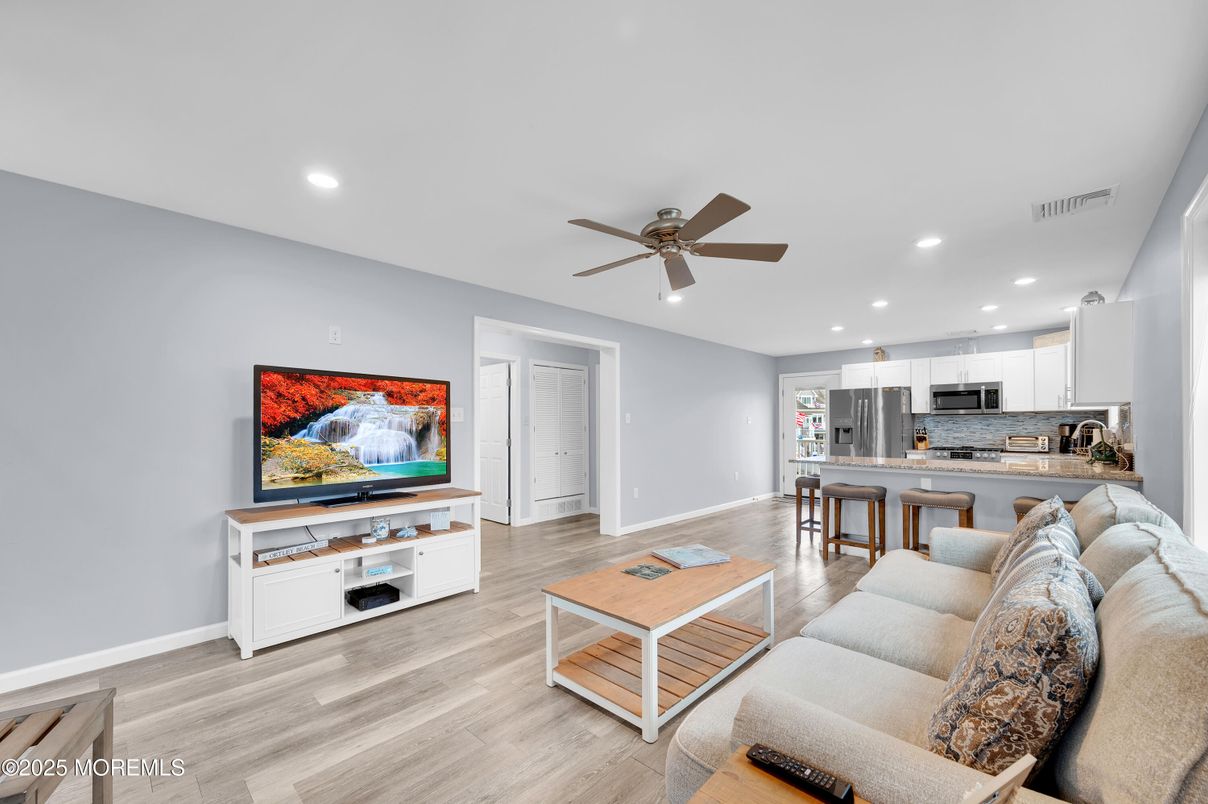 Interior, Kitchen, Living room, Recessed Lighting, Stainless Steel Appliances, Wood Texture Flooring