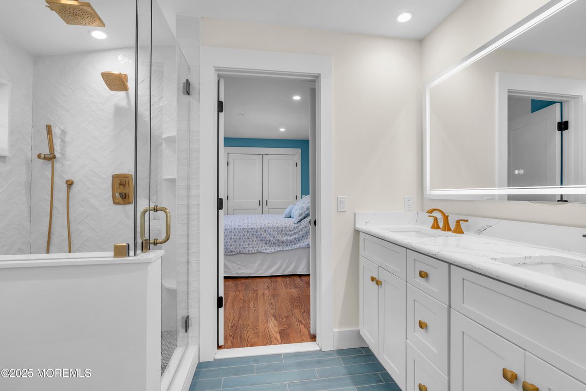 Bathroom, Bedroom, Glass Shower, Interior, Recessed Lighting, Wood Texture Flooring