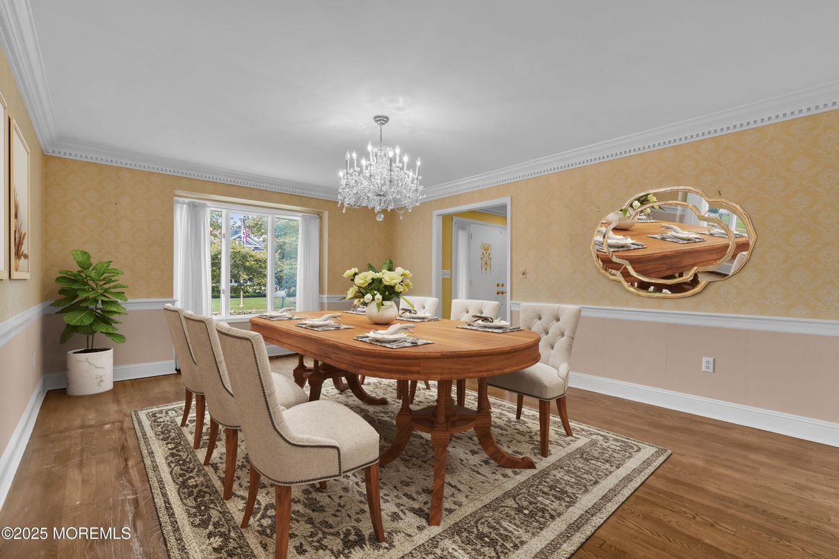 Chandelier, Dining room, Interior, Wood Texture Flooring