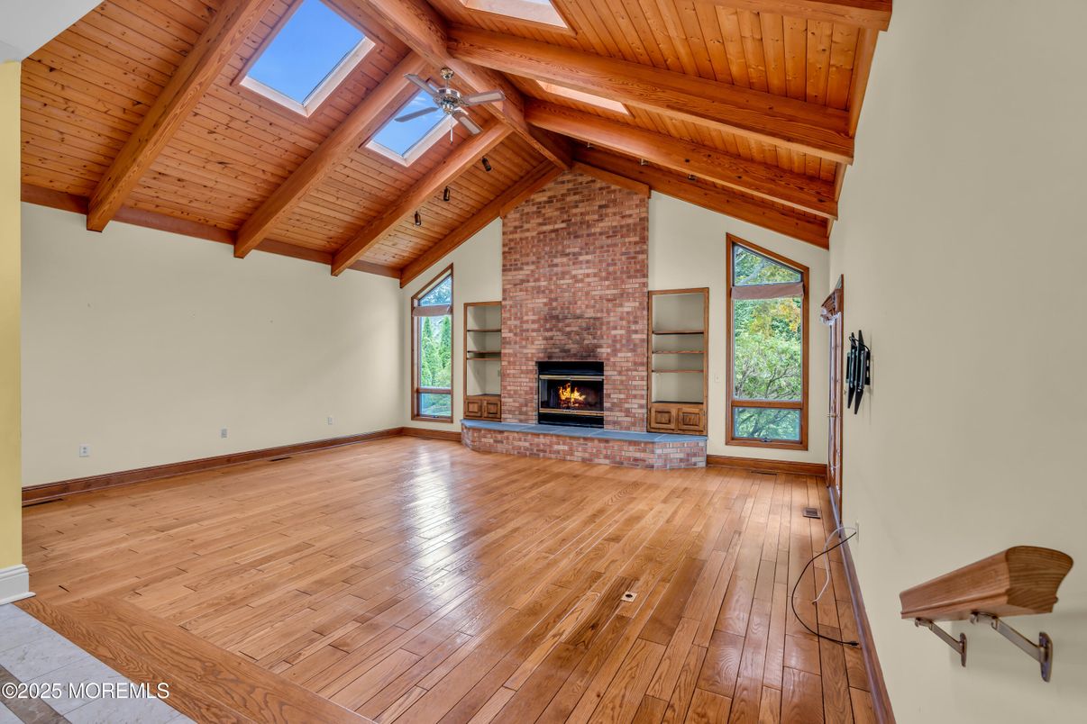 Empty room, Fireplace, Interior, Wooden Beams, Wooden Ceilings, Wood Texture Flooring
