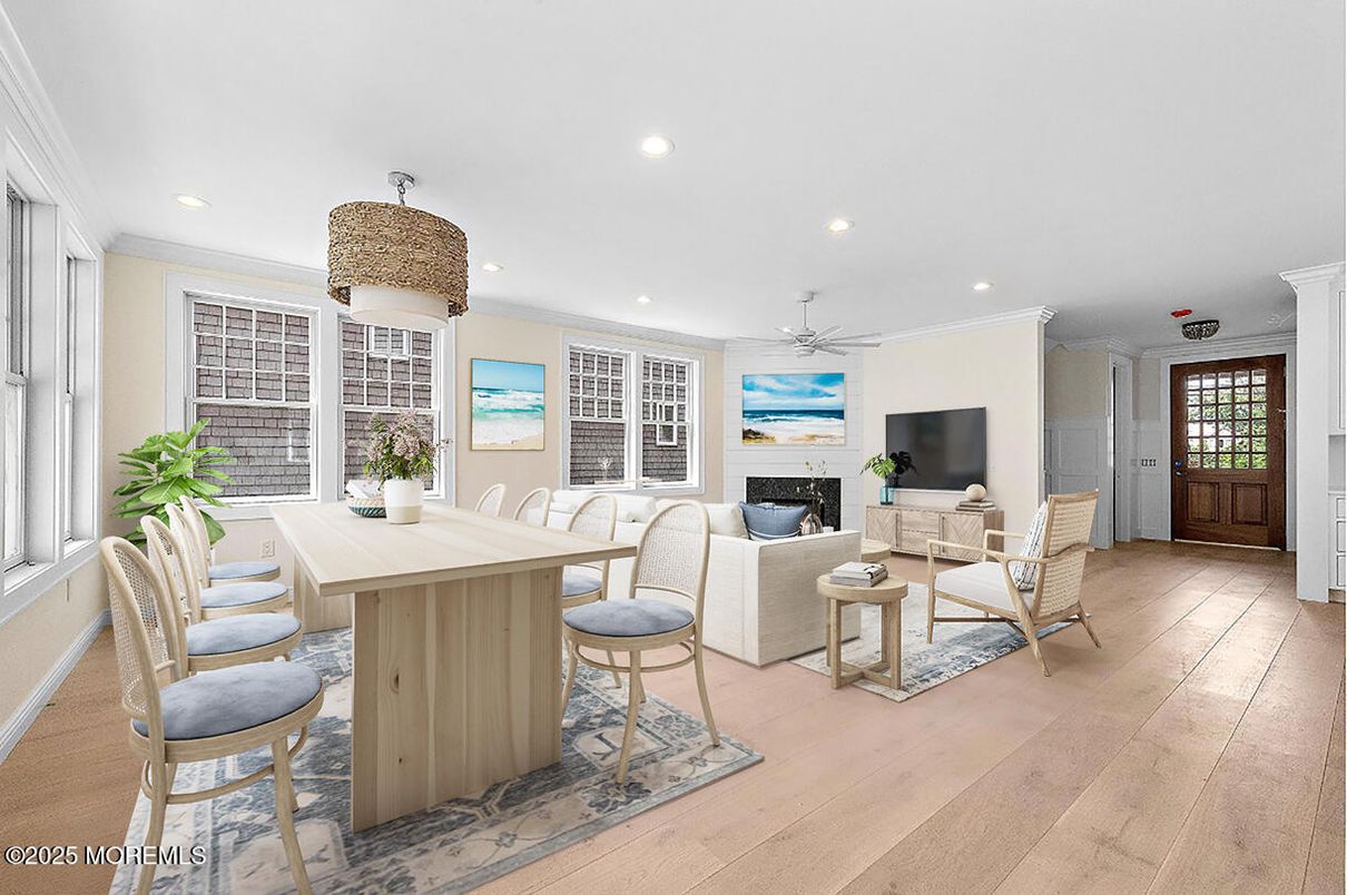Dining room, Interior, Living room, Recessed Lighting, Wood Texture Flooring
