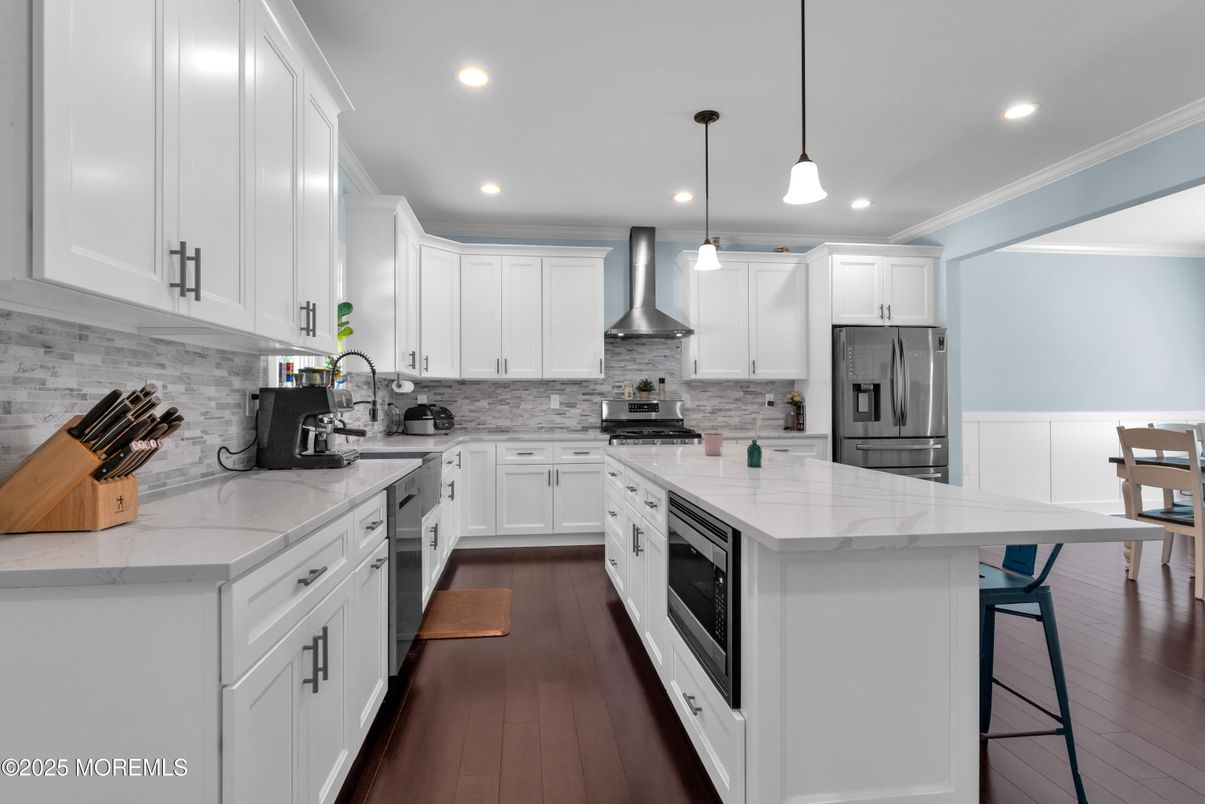 Interior, Kitchen, Pendant Lights, Recessed Lighting, Stainless Steel Appliances, Wood Texture Flooring