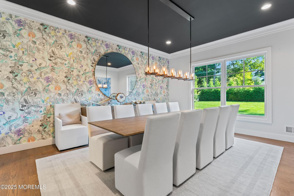 Dining room, Interior, Pendant Lights, Recessed Lighting, Wood Texture Flooring