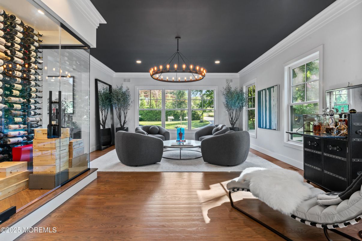 Chandelier, Interior, Living room, Pendant Lights, Recessed Lighting, Wine Storage, Wood Texture Flooring